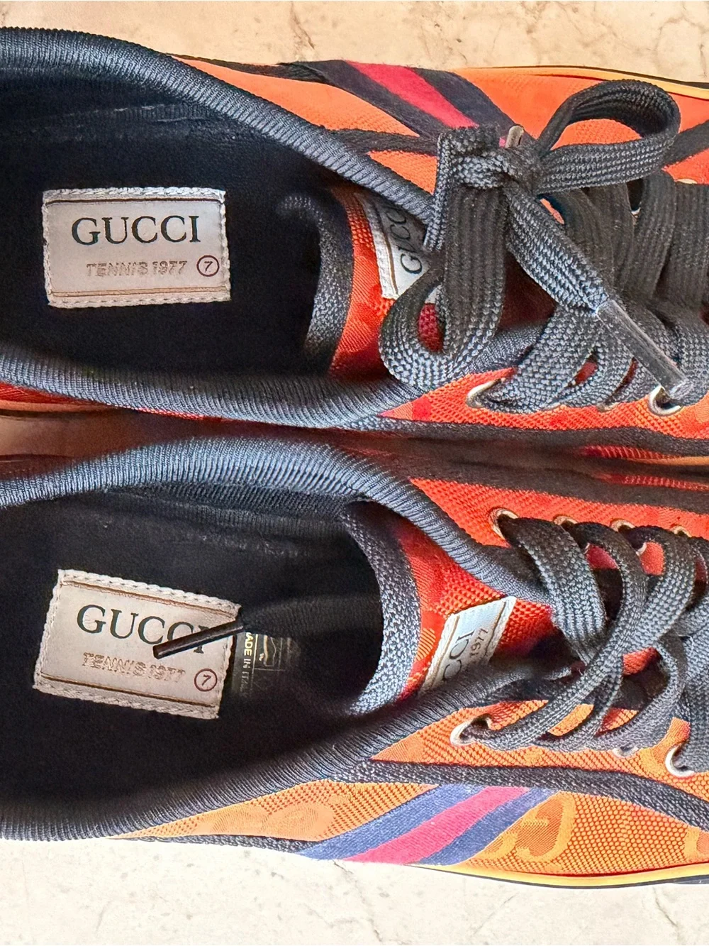 Gucci Orange and Black Men's Low-Top Sneakers with Red Stripe